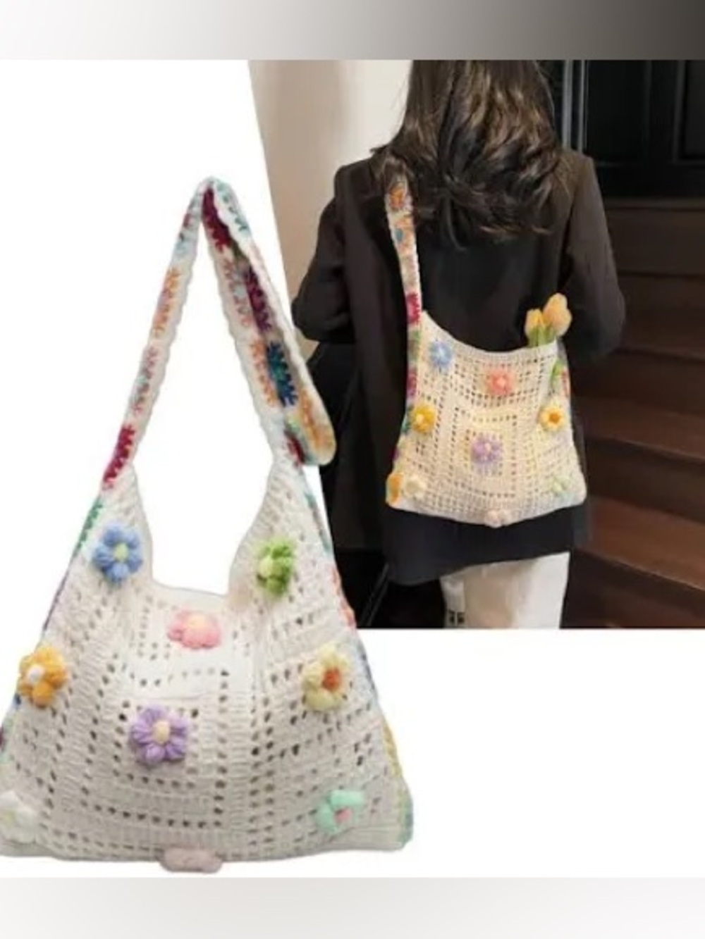 Handmade Cream Crochet Shoulder Bag with Pastel Flower Accents